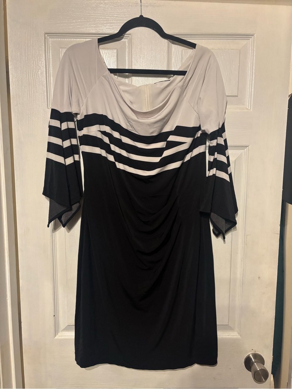 Lauren Ralph Lauren Black and White Striped Cowl Neck Midi Dress